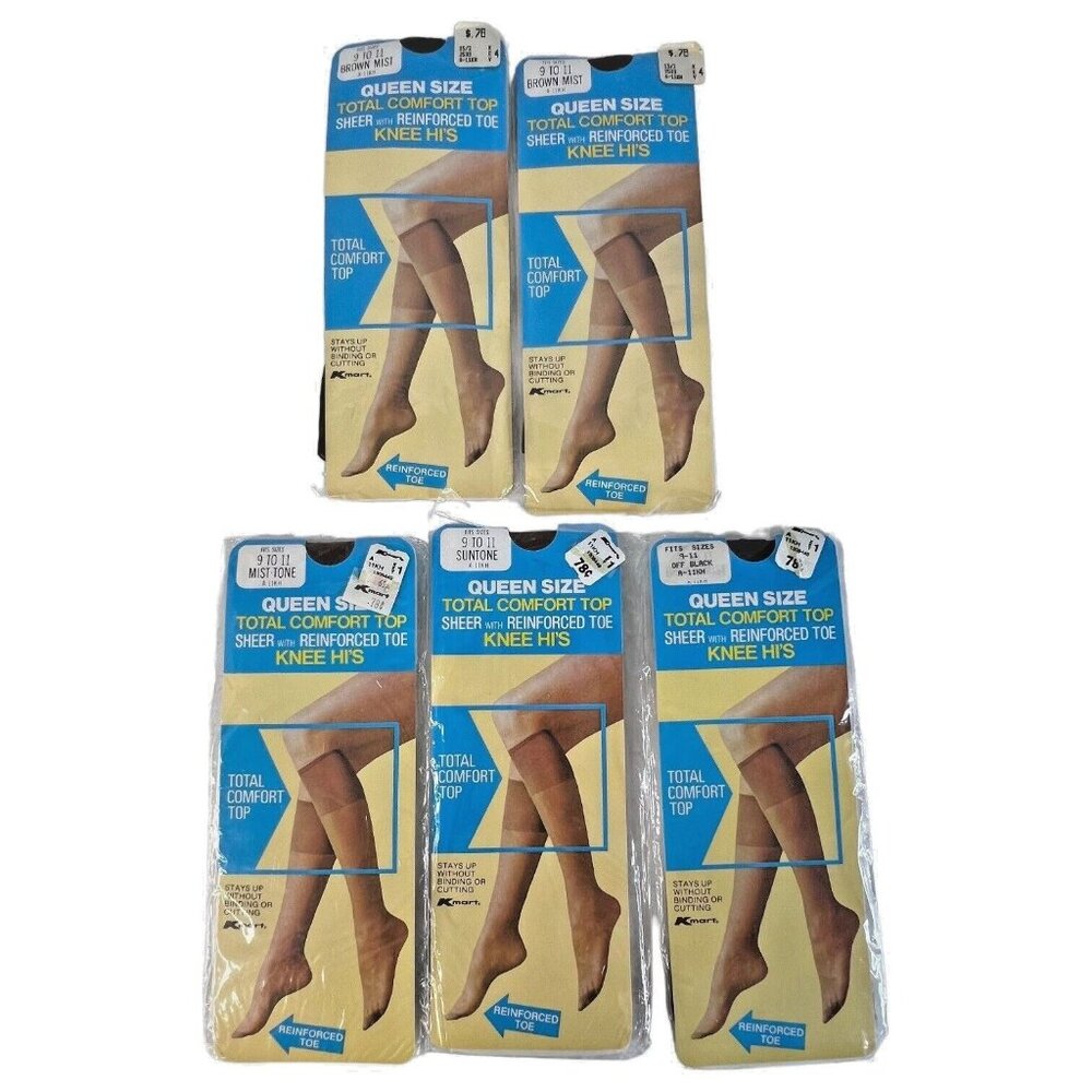 5 Pair Vintage Kmart Queen Size Knee‎ Highs Hi's Sheer Size 9-11 Brown Mist NIP